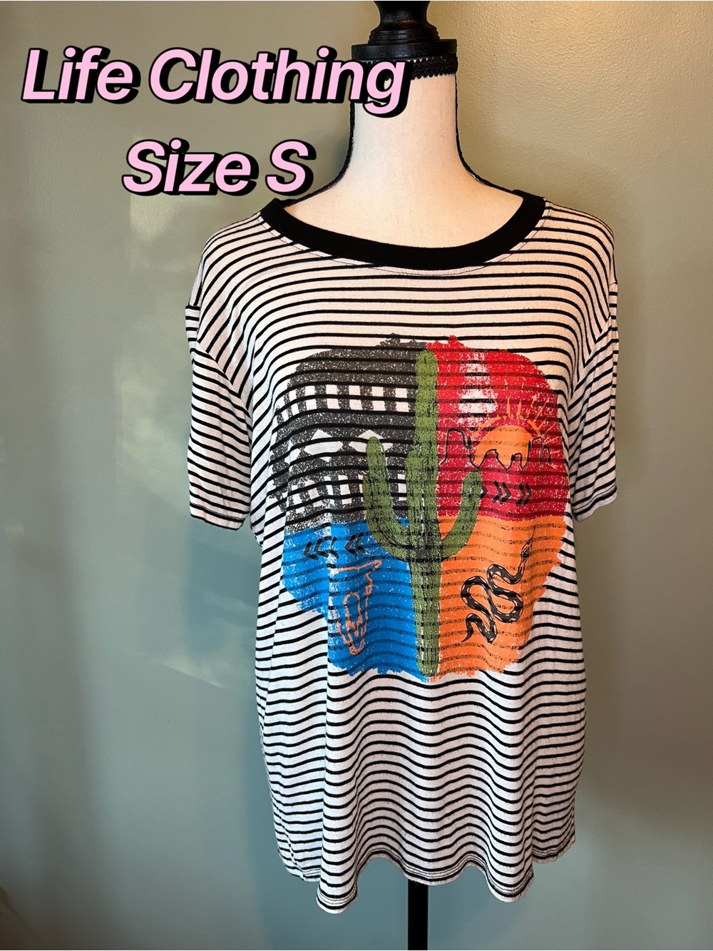 Life Clothing Striped Graphic Tee with Cactus Size S
